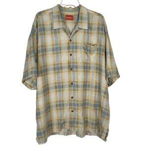 Tommy Bahama Silk Yellow Plaid Checkered Pattern Button-Up Shirt Size XXL